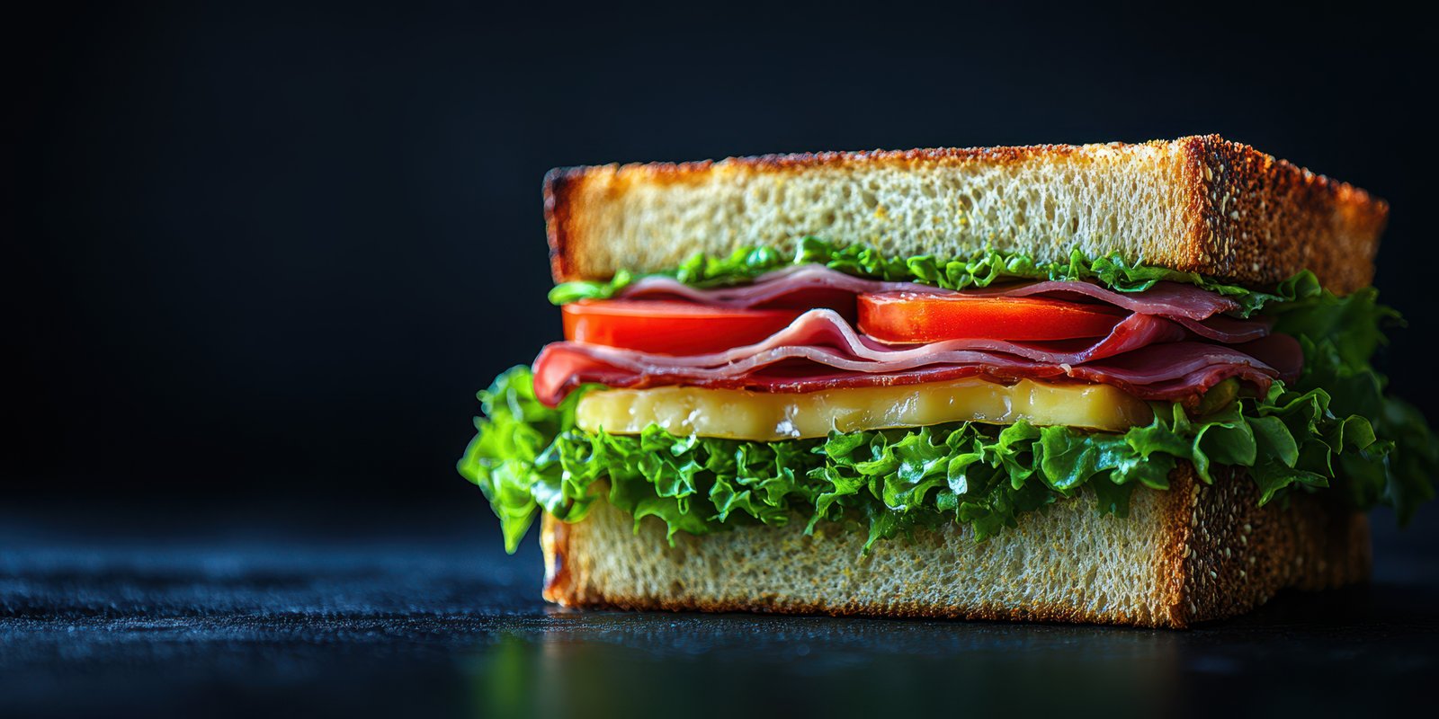 Freshly made sandwich stacked with lettuce, tomato, ham, and cheese on toasted bread